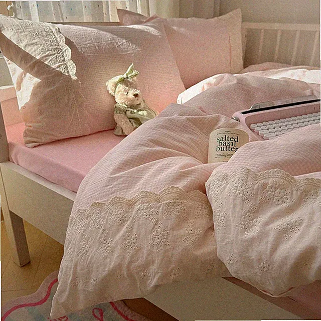 Romantic Pink Gingham King Duvet Cover Set with Lace & Pillowcases