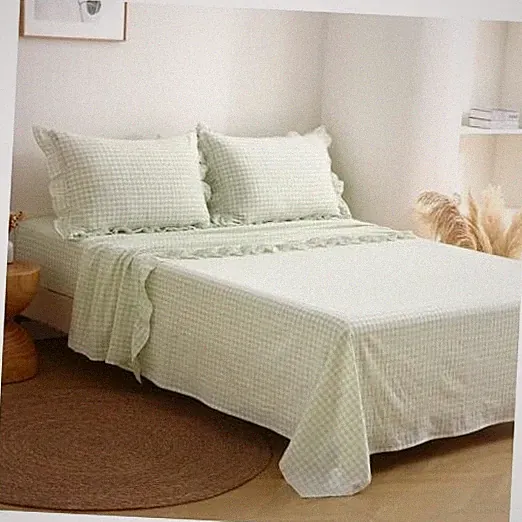 Ruffle Gingham Sheets Size 4-Piece Set, 300TC 100% Yarn Dyed Twin XL Pile Green
