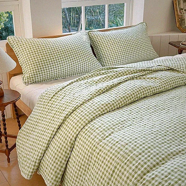 Sage Green Gingham Queen Quilt Set Soft Pre-washed Microfiber Green Plaid Queen