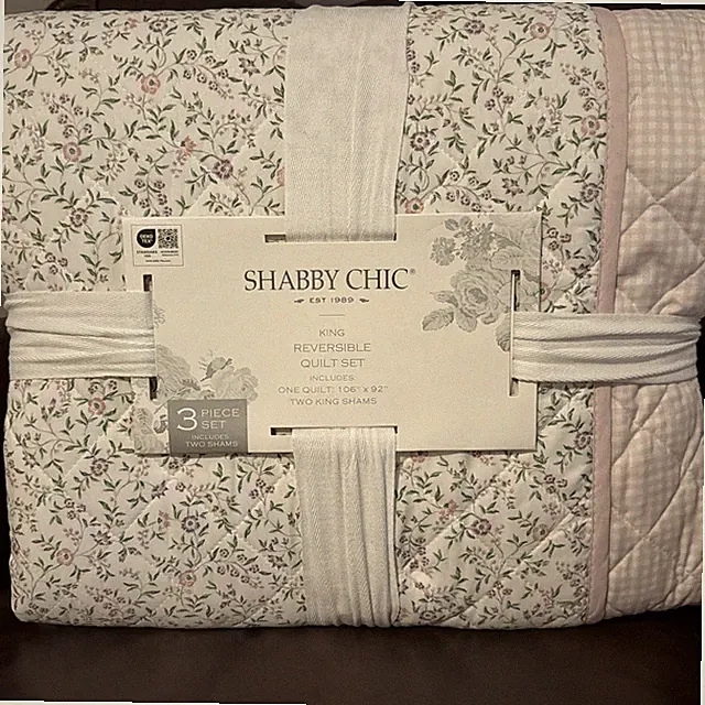 Shabby Chic Green Floral Pink Gingham King Reversible Quilt Set 106”x92”