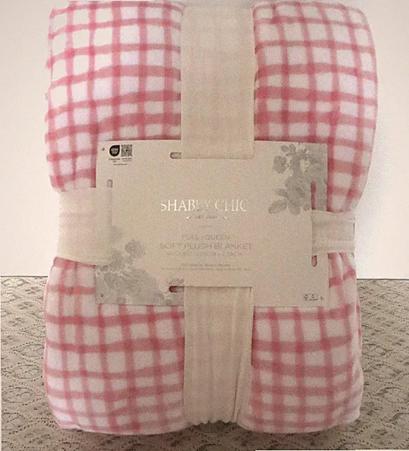 Shabby Chic Pink White Gingham Check Soft Plush Blanket Queen/Full 90 x 90" NEW