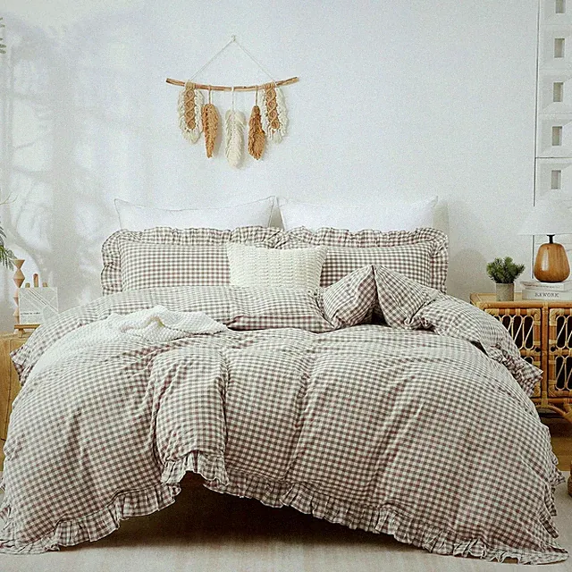 Tan Gingham Duvet Cover Bedding Set 100% Washed Cotton like Linen Feel Soft Brea
