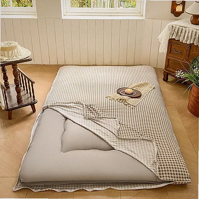 Tan Gingham Japanese Floor Mattress Futon Cover Twin for 3-4" Thick Pad, Taup...