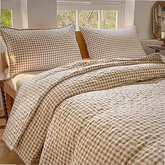 Tan Gingham Queen Quilt Set, Soft Pre-Washed Microfiber Taupe Plaid Queen Bedspr