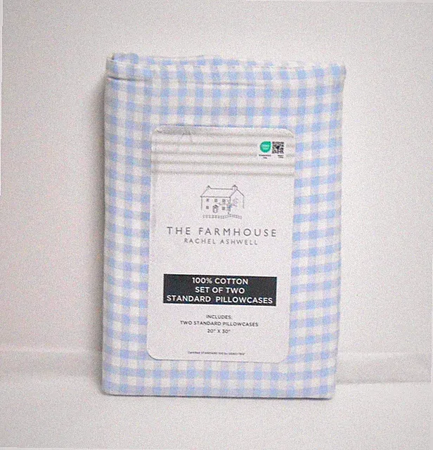 The Farmhouse Standard Pair (2) Cotton Pillowcases BLUE & WHITE GINGHAM