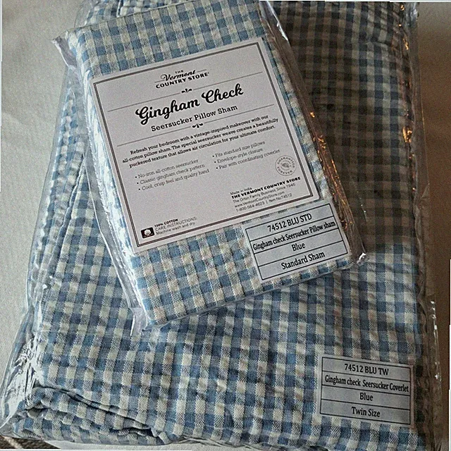 The Vermont Country Store Blue Gingham Seersucker Twin Coverlet & Pillow Sham...