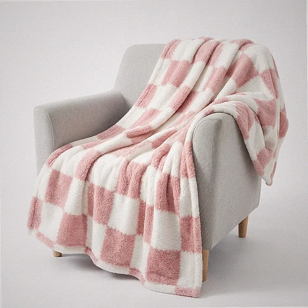 Ultra-Soft Pink White Plaid Gingham Blanket 50x60 Cozy Sherpa Fleece Throw Decor