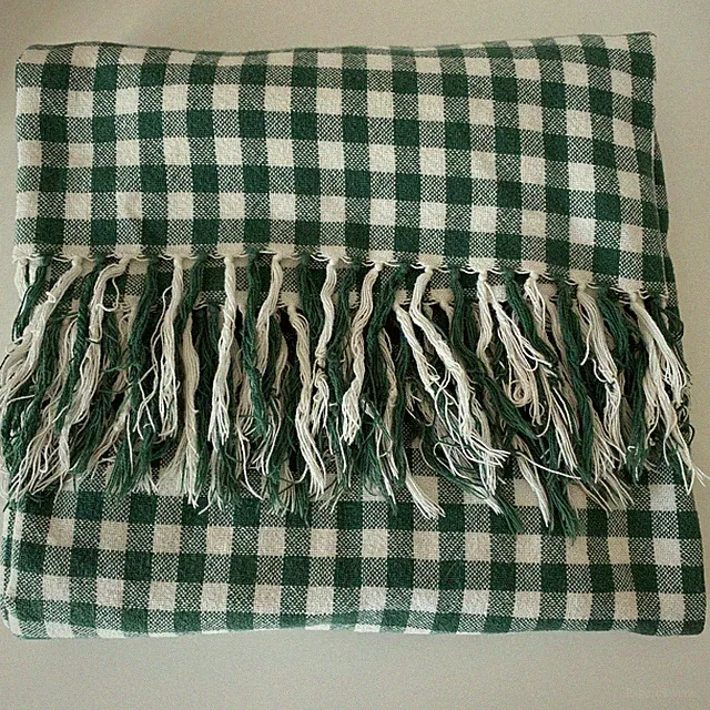 Vintage Ralph Lauren Classic Green White Check Gingham Cotton Throw 54 x 72"
