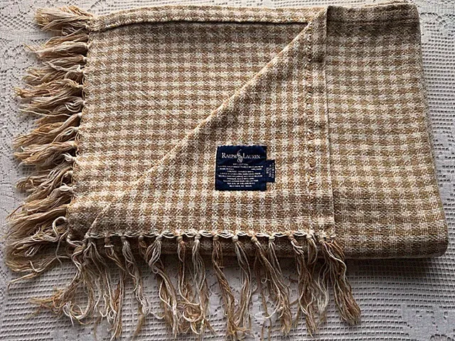 VTG Ralph Lauren BEIGE GINGHAM Cotton THROW BLANKET Picnic Beach Luxury USA RARE